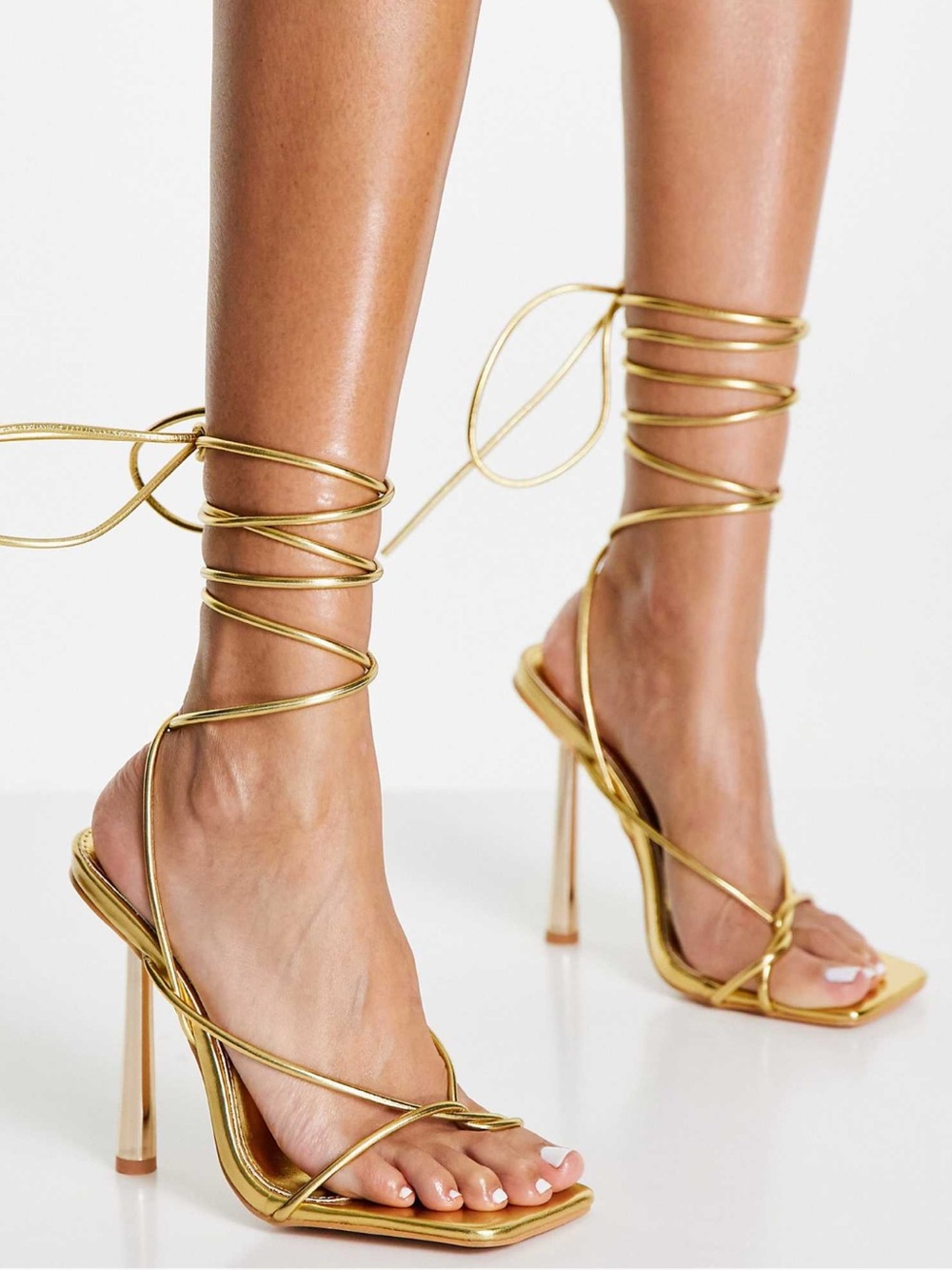 Public Desire Metallic Gold Wrap-Around Stiletto Sandals